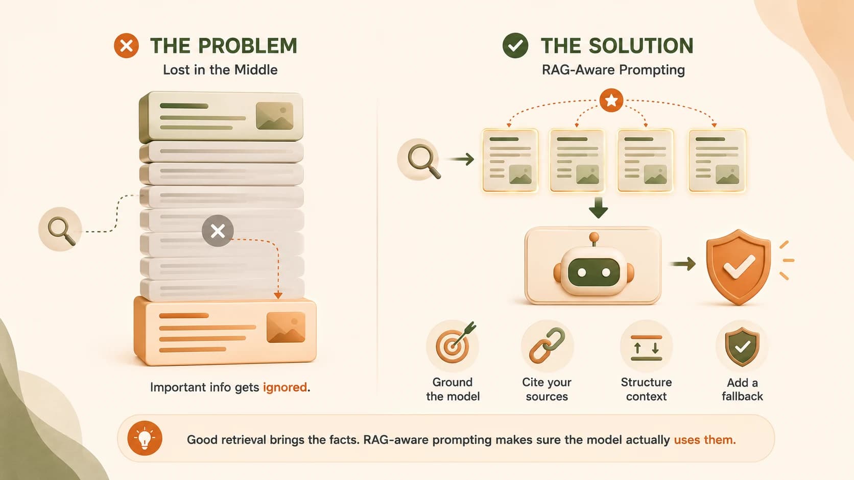 Side-by-side comparison: a tall stack of documents with the important fact buried and ignored versus a ranked set of retrieved chunks fed through a grounded model with a fallback and source citations